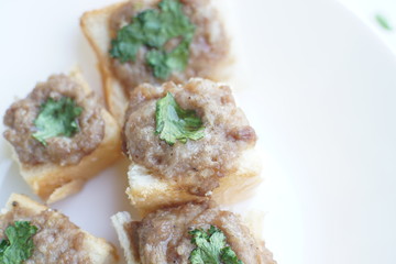 Home-made food Airfryer bread with minced pork spread. 