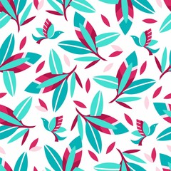 Seamless pattern with leaves and birds. Flat image.
