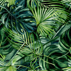 Watercolor hand drawn seamless pattern with green tropical leaves of monstera, banana tree and palm on black background. - obrazy, fototapety, plakaty