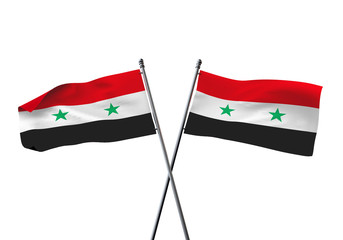 Syria flags crossed isolated on a white background. 3D Rendering