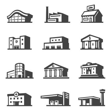 Public building icon set, architecture and urban city facade