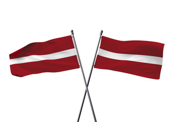 Latvia flags crossed isolated on a white background. 3D Rendering