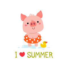 Vector Piggy is going to swim . Cartoon illustration for Christmas card, prints, calendar, sticker, invitation, baby shower, children clothes, posters.