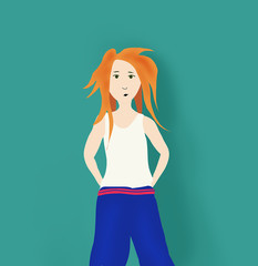 teen red haired girl in casual clothes red t-shirt on blue wall background