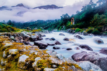 Lachung river flowing through in North Sikkim, India