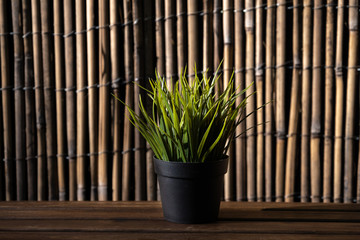 black plastic pot with artificial green grass on a beautiful background. plants for the office. interior decoration