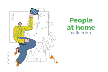 Naklejka premium Happy young man in headphones listens to music on the phone. Happy dancing people at home concept. Vector illustration in flat geometric style