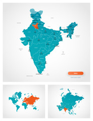Editable template of map of India with marks. India on world map and on Asia map.