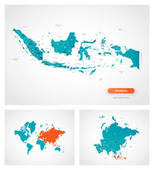 Fototapeta na wymiar Editable template of map of Indonesia with marks. Indonesia on world map and on Asia map.