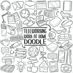 Teleworking, work at home tools. Stay home working. Doodle line art vector illustration. 