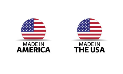 Set of two modern vector American stickers. Made in USA. Simple icons with American flags isolated on a white background
