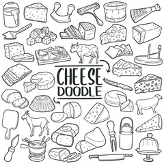 Cheese doodle icon set. Types of cheese and tools. Vector illustration collection. Hand drawn Line art style.