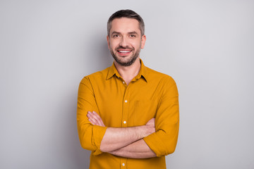 Portrait of content candid manager man cross hands real boss ready decide work solution decision wear stylish clothes isolated over gray color background