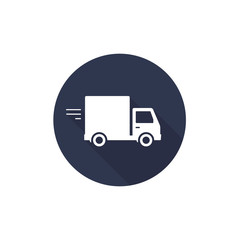Delivery truck icon isolated on black round background with long shadow. Vector sign flat design illustration