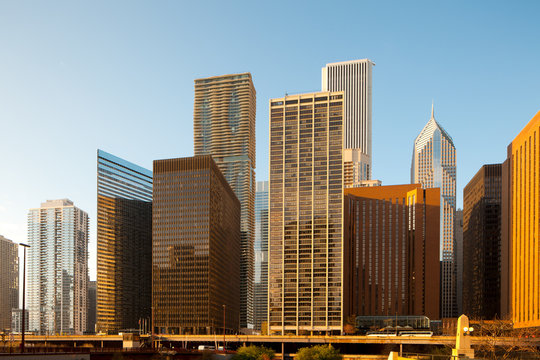 Skyline of buildings at Chicago river shore, Chicago, Illinois, United States