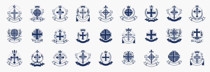 Crosses secrets emblems vector emblems big set, Christian religion heraldic design elements collection, classic style heraldry symbols, antique designs. - obrazy, fototapety, plakaty