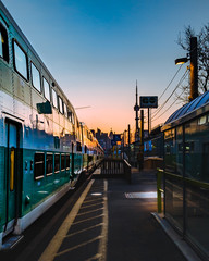 A green and white commuter train waits for passengers at a rail station platform early in the morning with the rising sun in the background