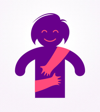 Loved Woman With Care Hands Of A Lover Or Friend Hugging Her Around From Behind, Vector Icon Logo Or Illustration In Simplistic Symbolic Style.