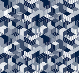 3D cubes seamless pattern vector background, lined dimensional blocks, architecture and construction, geometric design.