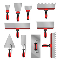  set putty knife with red handles. Isometric set of putty knife vector icons for construction and repair isolated on white background
