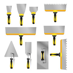  set putty knife with yellow  handles. Isometric set of putty knife vector icons for construction and repair isolated on white background
