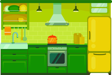 Illustration of a green kitchen