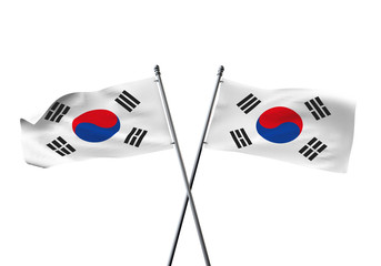 South Korea flags crossed isolated on a white background. 3D Rendering