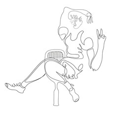 One continuous line drawing of tennis player.
Sitting woman tennis player with racket.
