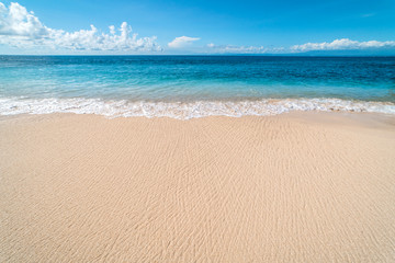Fototapeta na wymiar Empty Paradise sandy beach on a tropical island. Sand and sea waves. Beautiful wild beaches on the island of Bali.