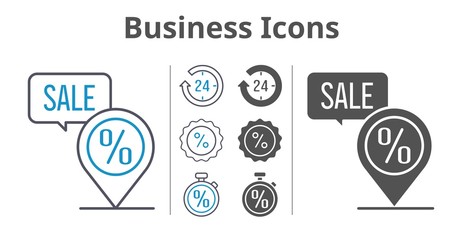 business icons icon set included 24-hours, discount, placeholder, stopwatch icons