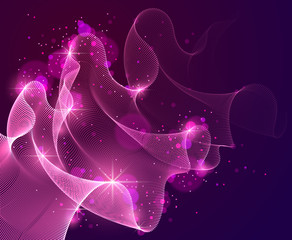 Wave of flowing magic particles over dark relaxing illustration, transparent tulle textile on wind. Round dots vector abstract background. Beautiful wave shaped array of blended points.