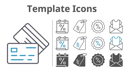 template icons icon set included calendar, newsletter, price tag, discount, credit card icons