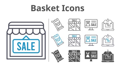 basket icons icon set included online shop, shop, trolley icons