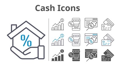 cash icons icon set included profits, online shop, mortgage, credit card icons