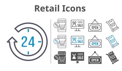 retail icons icon set included online shop, 24-hours, open, trolley icons