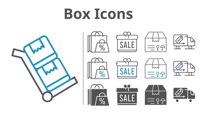 box icons icon set included gift, shopping bag, package, delivery truck, trolley icons