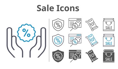 sale icons icon set included online shop, shopping bag, discount, warranty, trolley icons