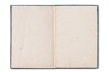 old open book with blank stained paper pages isolated on white background