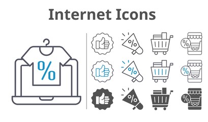 internet icons icon set included online shop, megaphone, like, shopping cart icons