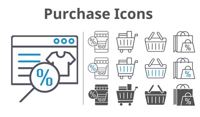 purchase icons icon set included online shop, shopping bag, shopping cart, shopping-basket, shopping basket icons
