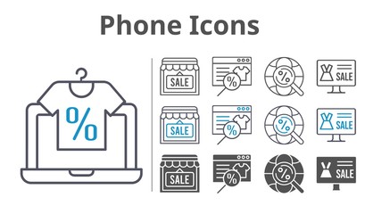 phone icons icon set included online shop, shop, internet icons