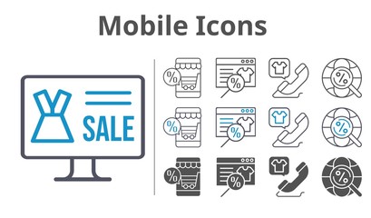 mobile icons icon set included online shop, phone call, internet icons
