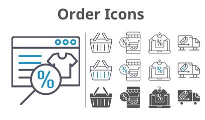 order icons icon set included online shop, shopping-basket, delivery truck, shopping basket icons