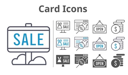 card icons icon set included online shop, sale, money, open icons