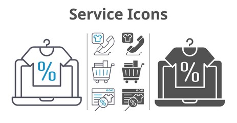 service icons icon set included online shop, shopping cart, phone call icons