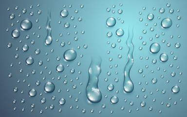 Water drops in shower or pool, condensate or rain droplets realistic transparent vector illustration, easy to put over any background or use droplets separately.