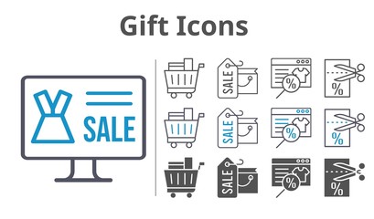 gift icons icon set included online shop, shopping bag, voucher, shopping cart icons