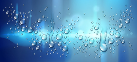 Water rain drops or condensation over blurred night city background beyond the window, realistic transparent 3d vector illustration, easy to put over any background.