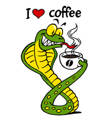 Cobra snake holds cup of coffee in its tail, text I love coffee, color cartoon