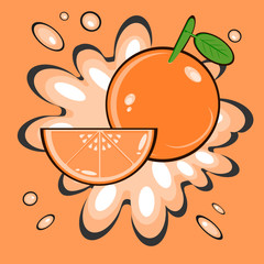 Fresh orange and piece of orange with orange juice splash,Fruit,Vector